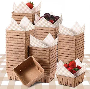 72 Pcs/36 Sets Gingham Baby Shower Pulp Fiber Berry Basket with Wax Paper Sheets Small Basket Container Wood Boxes Farmers Market Favor for Strawberry Blueberry Cherry(Brown)