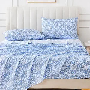 Queen Size Paisley Printed Sheet Set,4 Pieces Boho Style Breathable Soft Microfiber Bedsheets, Anti Pilling Deep Pockets Easy Care Bed Sheets, White Blue