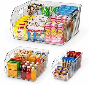 3 Pack Adjustable Dividers Storage Bins, Clear Pantry Organizers Boxes Set
