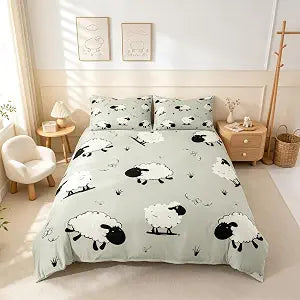Castle Fairy Cute Sheep Kids Duvet Cover Set Queen Size,Rustic Cute Kawaii Sheep Bedding Set,Kawaii Farmhouse Animal Room Decor,Black Gray White Quilt Cover,2 Pillowcases(No Comforter)