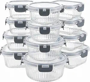 Glass Food Storage Containers with Lids, 12 Piece Glass Meal Prep Containers Set, Airtight Leakproof Snap Lock Lids, BPA-Free, Freezer Microwave Oven Dishwasher Safe, Ribbed Glass Containers