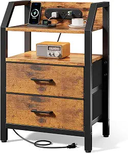 HLDIRECT Nightstand with Built-in Charging Station & Warm LED Light