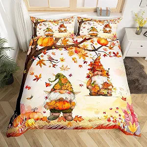 Manfei Cute Fall Gnomes Duvet Cover Set with 2 Pillowcases,Queen Size