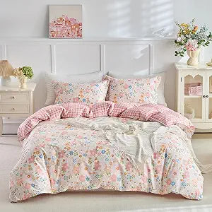 Joyreap 3 Pieces Girls Cotton Duvet Cover Set Queen, Pink Floral, 1 Duvet Cover 2 Pillow Shams