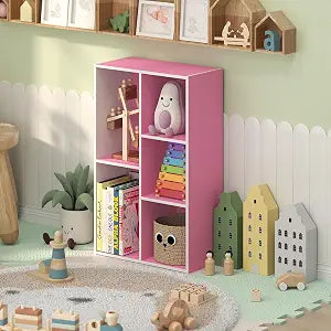 Furinno LUDER 5-Cube Book Shelf, Kids Bookshelf, Toy Storage, White/Pink