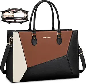 RAINSMORE Laptop Tote Bag for Women 15.6 Inch Waterproof Work Bag Briefcase Large Teacher Bag Handbag Professional Business Office Shoulder Bag Crossbody Purse, Black & Brown & White