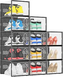 eWonLife X-Large Shoe Boxes with Magnetic Door, 12-Pack Stackable Shoes Storage Organizer for Closet, Clear Plastic Sneaker Container Shoe Rack for Size 12, Black