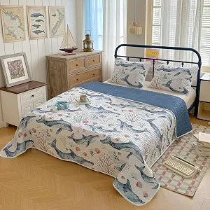 Coastal Quilt Sets Queen Size - Reversible Microfiber Blue Whale Ocean Style Quilts with 2 Shams Soft Lightweight Beach Bedding Nautical Bedspread Coverlet Summer Comforter for All Season