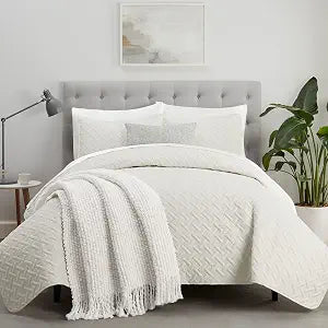 Serta ComfortSure Soft 3-Piece Full/Queen Quilt Bedding Set, Includes Bedspread/Coverlet and Pillow Shams, Bedding for All Seasons, Machine Washable, Ivory
