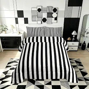 Feelyou Black White Striped Comforter Set All Season Striped Bedding Set with 1 Pillow Cases Basic Simple Microfiber Kids Twin Bedclothes Bedroom Decor Duvet Quilt Soft Lightweight