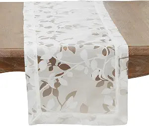 SARO LIFESTYLE Sheer Elegance Burnout Voile Vine Design Table Runner, White, 16"x90"