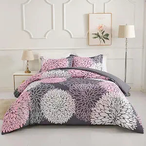 Koniroom 3-Piece Gray and Pink Comforter Set Full Size, Floral Bedding Sets with Pink Flowers Printing for Teen Girls, Reversible All Season Comforter with 1 Pillow Shams