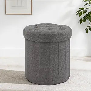 CAROLMADE Round Storage Ottoman, Linen Vanity Stool