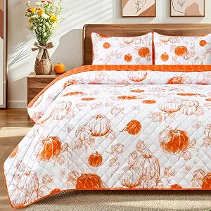Likiyol 3 Piece Fall Quilt King Size Pumpkin King Quilt Bedding Set, Reversible Soft Bedspread Coverlet with 2 Pillow Shams, Lightweight Fall Quilt Sets for Thanksgiving Decor, White, 96" x 106"
