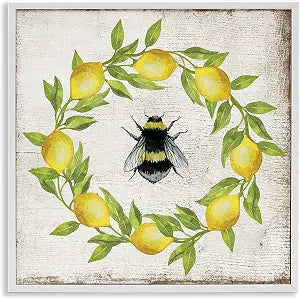Lemon Bee Wreath Farmhouse Floral, 17 x 17 Inch Framed Gicle Print