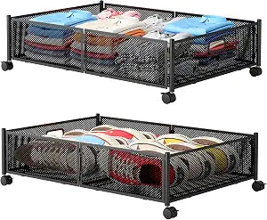 Gawerk Under Bed Storage with Wheels, Foldable Metal Mesh Underbed Storage Container Bins, Tool-free Assembly Clothes Drawer Organizer,2Pack