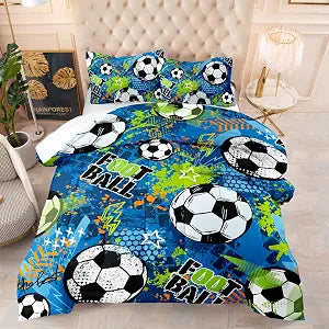 DYcolor Soccer Football Comforter Set Twin/Queen Navy Blue-Green White Boys