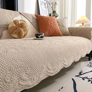vctops Boho Cotton Quilted Couch Cover Soft Embroidered Sofa Cover Non-Slip Dog Bed Cover Scalloped Sofa Slipcover Washable Furniture Protector Cover (Khaki,36"x82")
