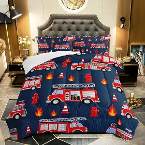 QOOMO Fire Truck Comforter Twin Size,Truck Kids Comforter Set