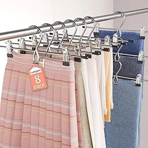 Pants Hangers Space Saving,Stackable Skirt Hangers with Clips, Hanging Closet Organizer and Storage,Clothes Hangers, College Dorm Essentials Apartment Essentials- 8 Pack