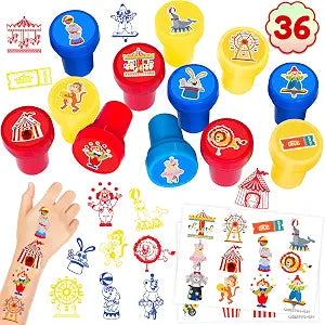 36 PCS Carnival Party Favors for Kids, 24 Tattoos&12 Stamps