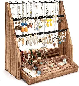 DGWJSU Jewelry Organizer Stand, Rustic Wood 5 Layer Earring Organizer