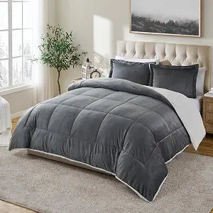 Cathay Home Twin Comforter Set, Reversible Micromink Sherpa, Pewter