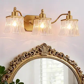3-Light Gold Bathroom Vanity Light, Ribbed Crystal Glass Shade