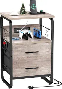 runjuly Small End Table with Charging Station and Hooks, Greige