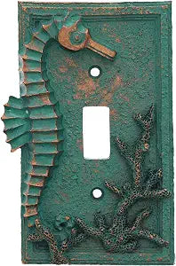 Top Brass Seahorse Nautical Beach Art Decor - Electrical Cover Wall Plate Bronze/Verdigris Finish - Single Switch, Double, Rocker, Outlet (Single)