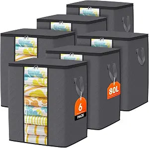 6 Pack Clothes Storage Bags 80L Blanket Storage Containers with Window Grey