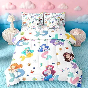 Feelyou Mermaid Comforter Set with Sheets 7 Piece Twin Size Cartoon Mermaid Princess Bed in a Bag Kids Boys Girls Fish Scales Print Bedding Set Sealife Bedroom Decor