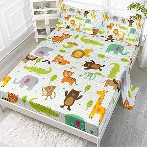 Datura home Kawaii Sheet Set 4Pcs Fitted and Flat Girls Boys Woodland Wild Animal Printed with 1 + 2 Pillowcases(Wild Animal Twin) Twin 67x97 inches