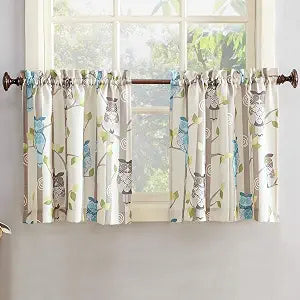 No. 918 Hoot Owl Print Semi-Sheer Rod Pocket Kitchen Curtain Tier Pair, 56" x 24", Mocha
