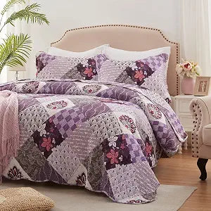 King Size Quilt Set 3 Pieces Lightweight Reversible Bedspread-98''x106'' Soft Patchwork Floral Coverlet Luxurious Warm Microfiber Bed Cover All Seasons Purple Bedding Set(1 Quilt,2 Pillow Shams)