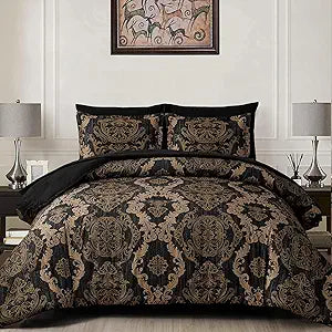 WONGS BEDDING Black Comforter Set Queen Size, Gold Damask Texture 7 Pieces Bed in a Bag Microfiber Comforter Bedding Sets -1 Comforter, 1 Flat Sheet, 1 Fitted Sheet, 2 Pillow Shams, 2 Pillowcases