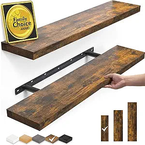 BAYKA Rustic Brown Floating Shelves 22.5in, Set of 2, Wall Mount Wood Shelf