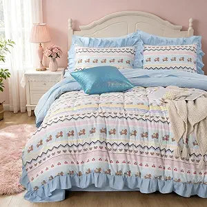 Girl Twin Ruffle Stripe Comforter Set with Sheets 5 Piece,Hobby Horse Print