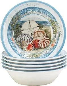 Seacoast Melamine All Purpose Bowls Set of 6 7.5" Coastal Shell and Ocean Beach-Themed Bowls, BPA-Free, 22 oz Reusable Break-Resistant Melamine Dinnerware, Dishwasher Safe for Indoor/Outdoor Use