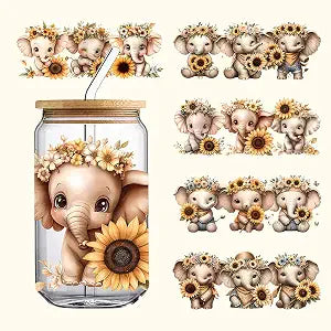 5PCS Christmas Elephant Sunflower UV DTF Cup Wraps Transfer Waterproof Sticker for Glass Cups Furniture Craft DIY CraftsRub on Transfer Stickers for DIY Water Bottle Laptop Decal Wood Car