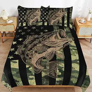 Camo Fish Bedding Set Comforter Cover Soft Duvet Cover Twin Size for Boys Girl Men Women Bedroom 3 Piece with 2 Pillow Shams