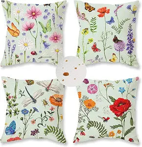 ONWAY Outdoor Waterproof Spring Summer Pillow Covers 18x18 Inch Set of 4 Floral Farmhouse Throw Pillows Green Decorative Cushion Cases for Outdoor Couch Sofa Patio Furniture Home Decoration