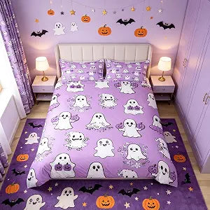 Cute Ghost Kids Duvet Cover Set Twin Size, Halloween Theme Purple Bedding Set for Boy Girls, Pumpkin Lantern Floral Ghosts Comforter Cover, Soft Polyester Quilt Cover, 1 Pillowcase, No Comforter