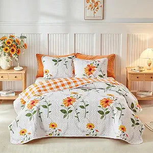 Joyreap 2 Pieces Floral Quilt Set King, Orange Yellow Flowers on White Design- 102x90 inches
