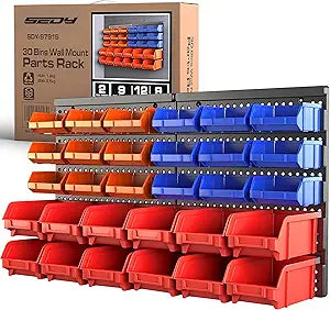 SEDY 30-Bin Wall-Mounted Storage Rack System - Heavy-Duty Garage Tool Organizer for Screws, Nuts, Bolts, Nails, Beads, and Small Hardware Parts - Easy Installation and Customizable