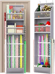 Over Door Wrapping Paper Organizer Hanging Christmas Gift Wrap Storage for Ribbons, Bows, Ornament and Other Tools, Behind Door Long Craft Roll Holder Bag, Present Wrap Container, 1Pack, Gray