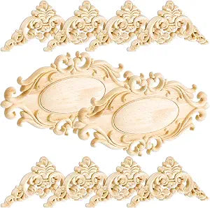 10 Pcs Decorative Wood Onlays for Furniture - Door Center Onlays Appliques DIY Wood Carved Decal for Bed Door Wardrobe Furniture Decoration - 10.24 x 5.9 Inch, 3.15 x 3.15 Inch