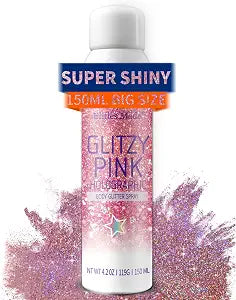 Hair Glitter Body Glitter Spray, 150ML Glitter Hairspray Holographic Pink Glitter Spray for Hair and Body, Hair Glitter for Kids Women, Body Shimmer Festival Rave and Makeup 4.2 Fl Oz