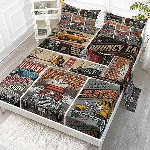 Race Car Sheets Set 4Pcs for Kids, Extreme Sport Game Vintage Car Sign Sheet Set with 1 Flat Sheet and 1 Fitted Sheet + 2 Pillowcases(Car Game Full)