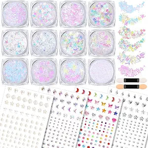 Teenitor Body Glitter with Face Gems Stickers Set, 12 Pots Iridescent White Face Glitter Hair Glitter Gel & 4 Sheets Hair Jewelry for Kids Makeup, Hair Gems & Pearls Mermaid Accessories for Rave
